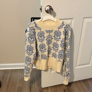 Floral Patterned Cream and Blue Sweater